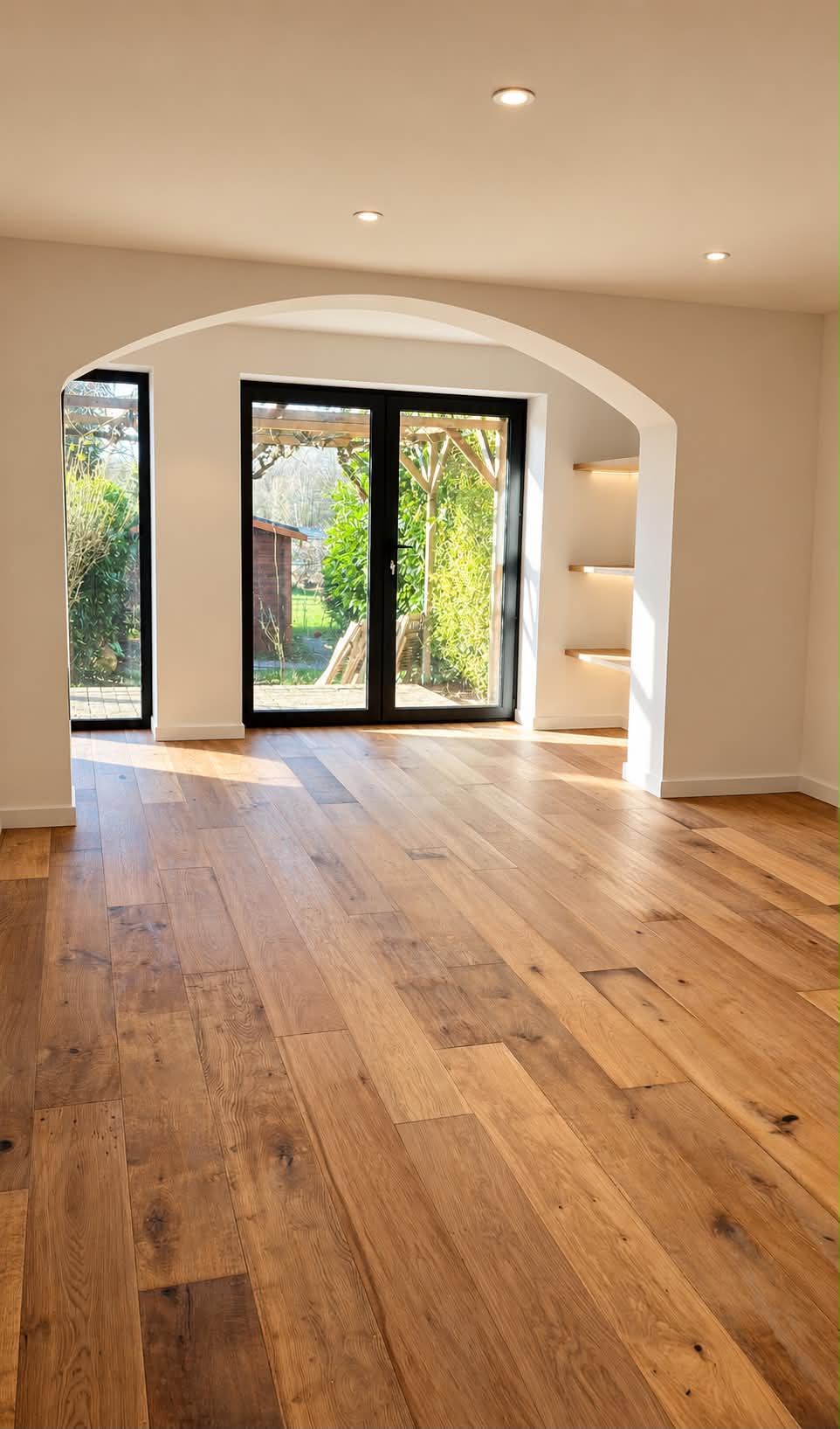 Pièce lumineuse avec arche blanche, grandes fenêtres noires et parquet